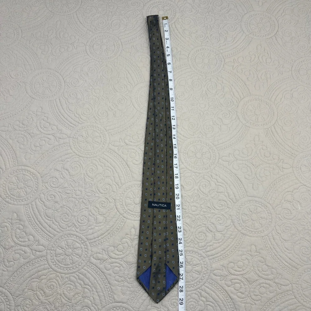 Nautica Mens Silk Tie Olive Green Blue Geometric‎ Square Pattern Classic Necktie